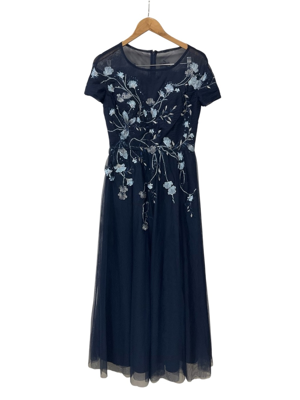 Betsy & Adam Mesh Sequin Embroidered Cap Sleeve Gown 8
